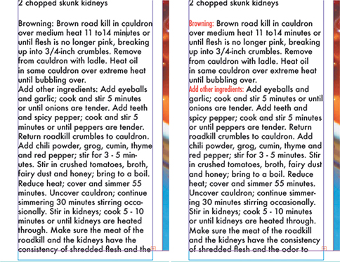 A page from a cookbook showing the recipe direction depicts nesting text styles.