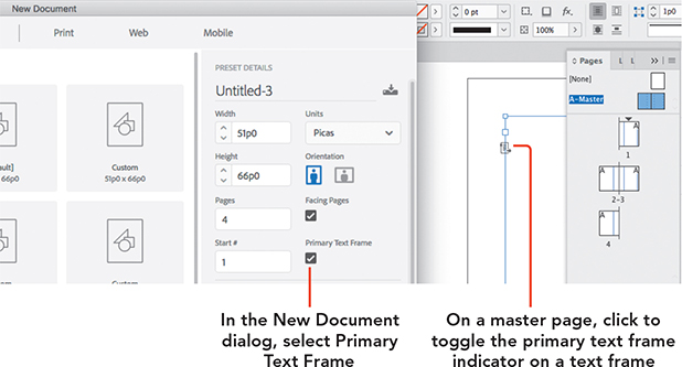 Two screenshots placed adjacent to each other depict ways to make a primary text frame.