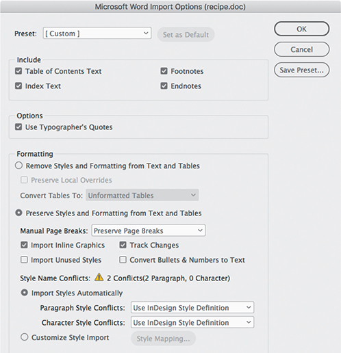 A screenshot of the Microsoft Word Import Options dialog box.