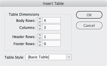 A screenshot of the Insert Table dialog box.