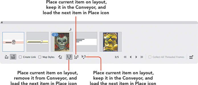 The three buttons to change the content place options in the Content Conveyor.