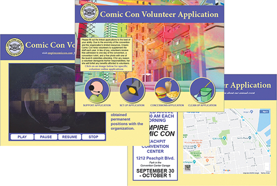 Three cover page designs of Comic Con Volunteer Application are overlapping.