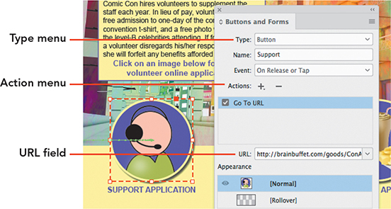 A screenshot of the Buttons and Forms panel depicts creating a hyperlink button.