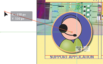 An animated face wearing a headphone with mic is displayed. The anchor point at the center of the animation is moved to a new position (X: negative 138 px and Y: 530 px) using the direct selection tool.