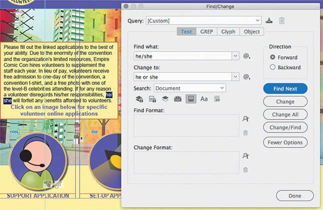 A screenshot of the Find/Change dialog box depicts finding and changing the text.