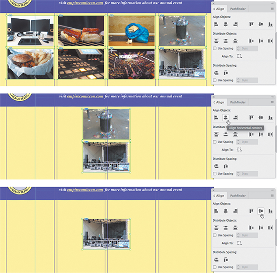 A set of three screenshots depicts aligning the images with the help of the Align panel.