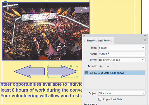 A screenshot of the Buttons and Forms panel depicts adding a control button to show the next slide in the slideshow.