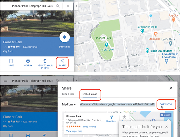 Two screenshots of Google map depicts copying the Embed H T M L code.