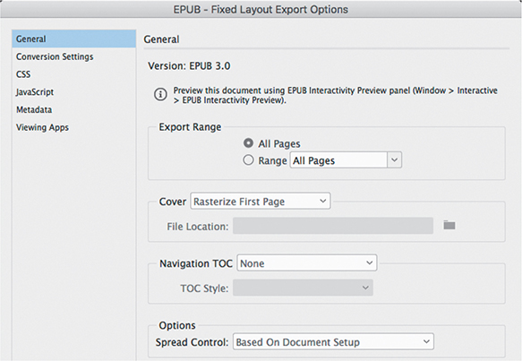 A screenshot of the EPUB  Fixed Layout Export Options dialog box.