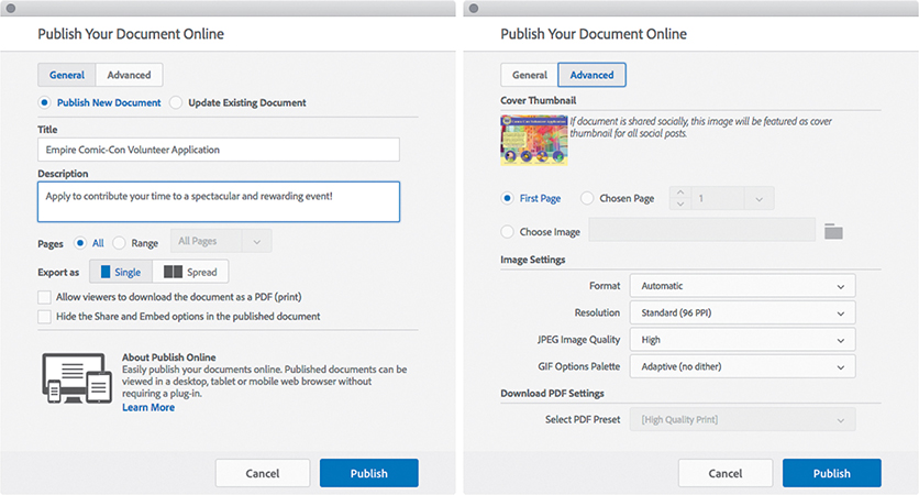 Two screenshots of Publish Your Document Online dialog box.