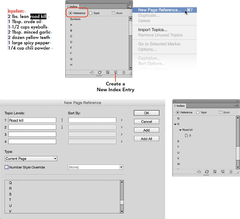 Three screenshots placed together depict adding a new topic and page reference for the index.