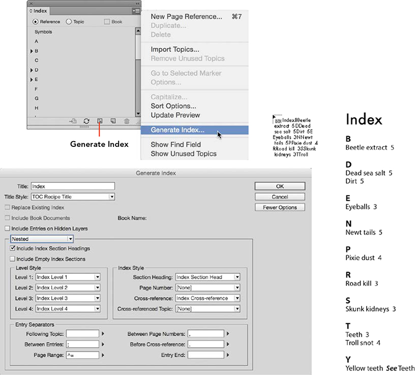 Two screenshots placed at the top and bottom depict generating and inserting the index.