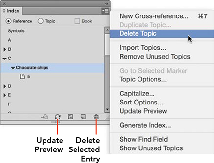 Screenshot of Index panel depict removing an index entry. 