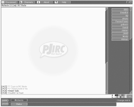 The PJIRC client running inside a web page