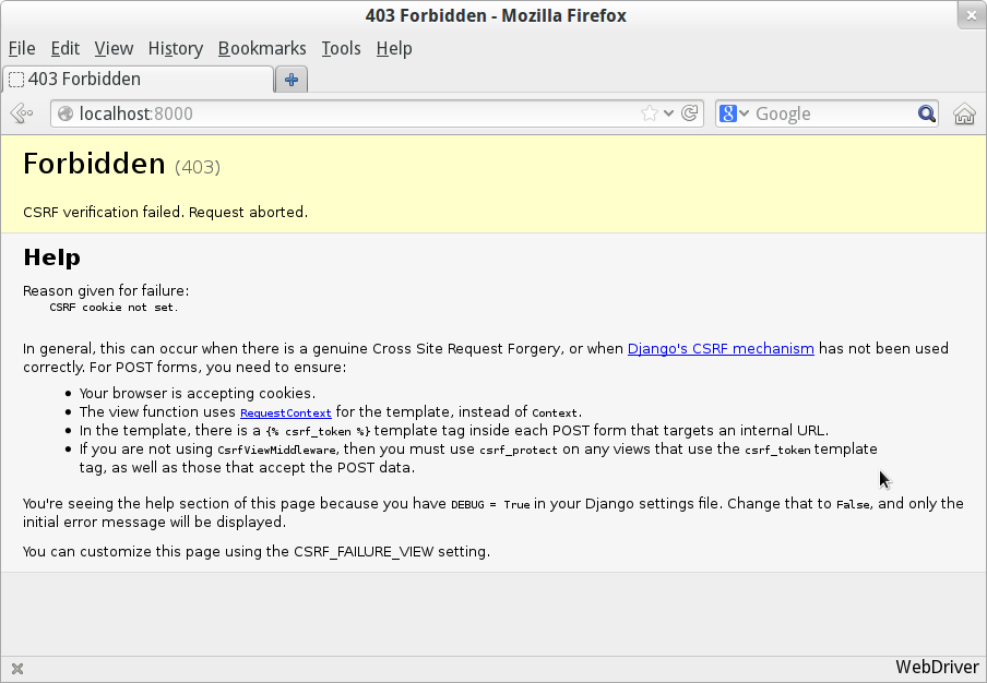 Django DEBUG page showing CSRF error
