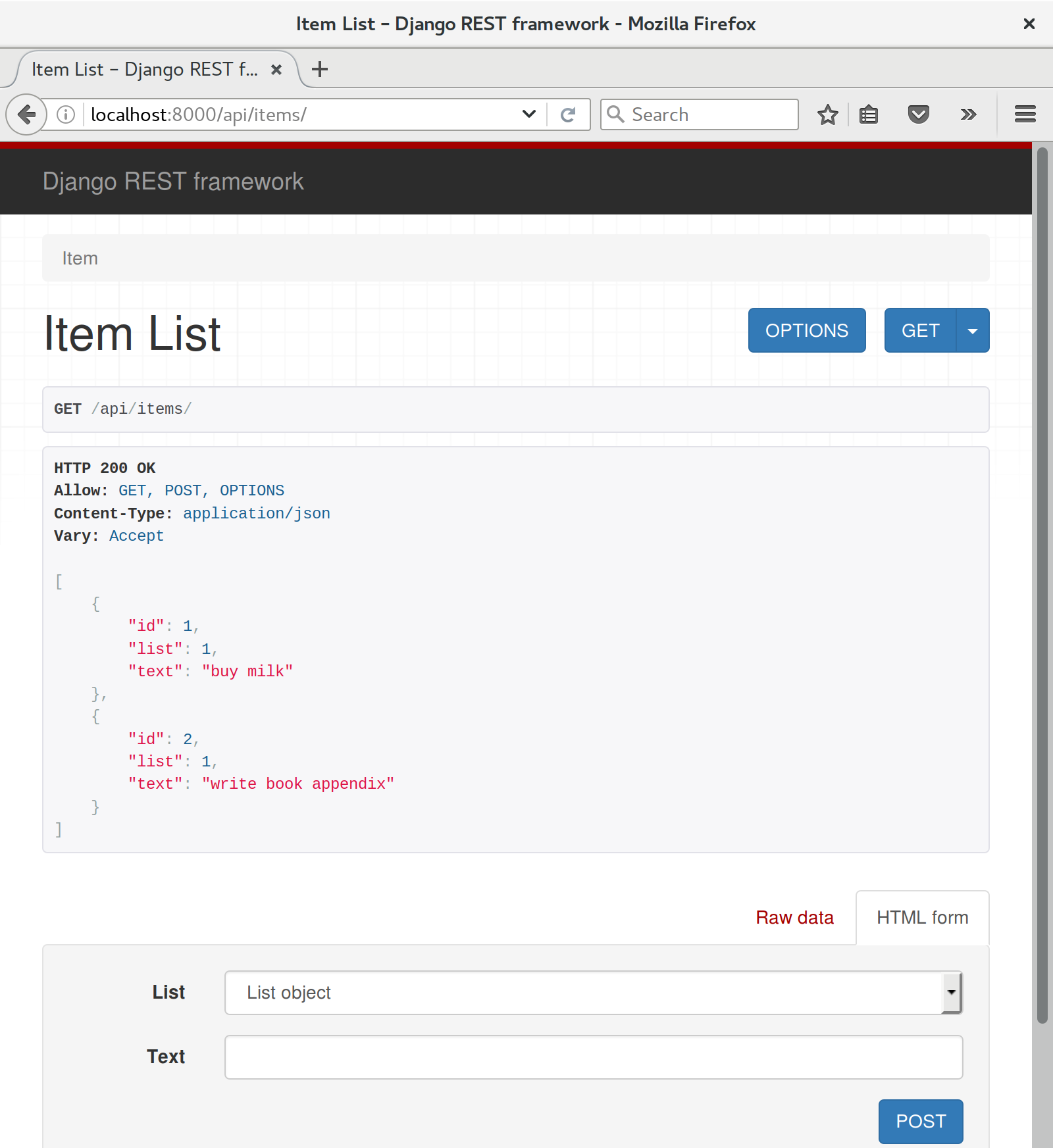 Screenshot of DRF browsable api page at http://localhost:8000/api/items/