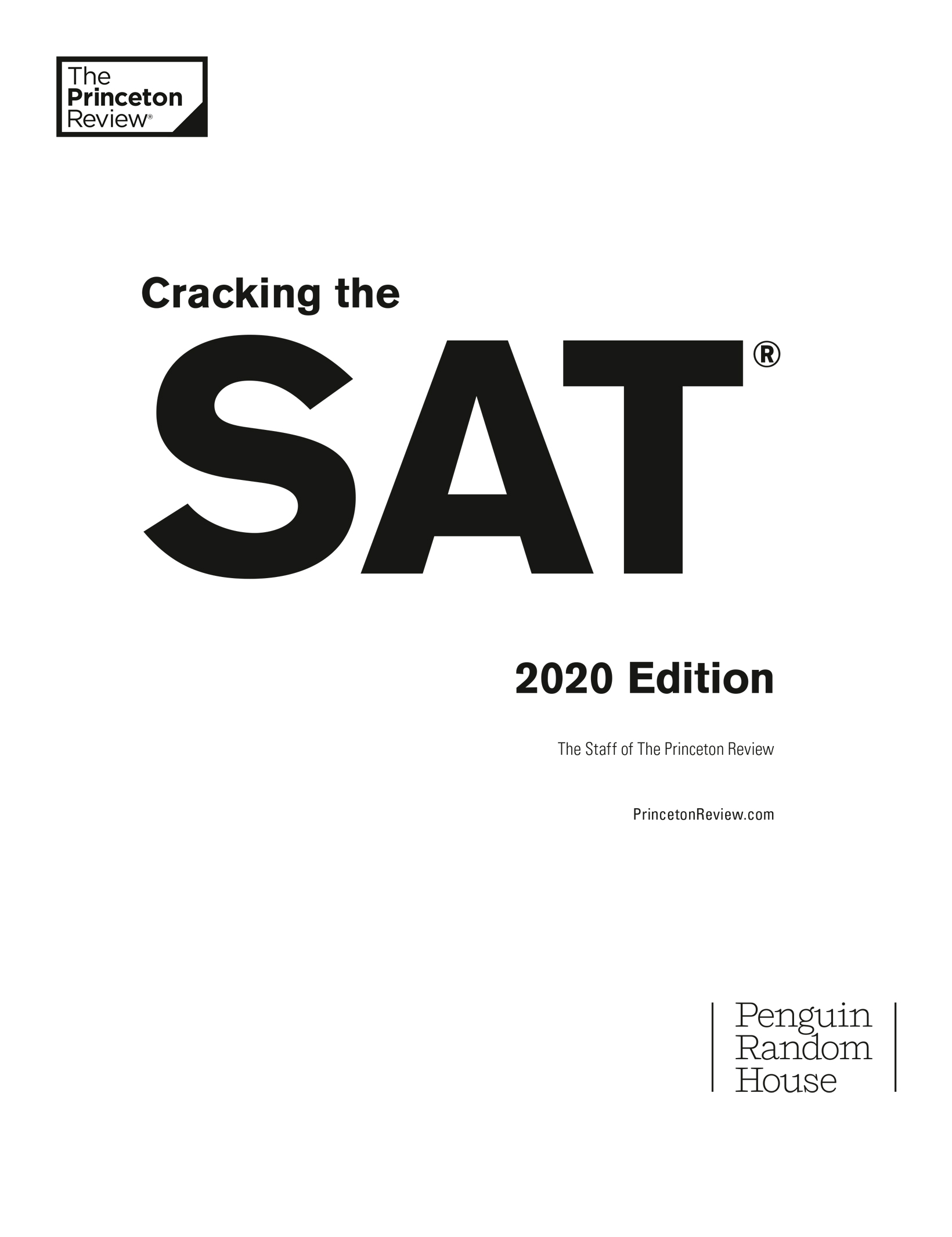 Book title, Cracking the SAT with 5 Practice Tests, 2020 Edition, author, The Princeton Review, imprint, Princeton Review