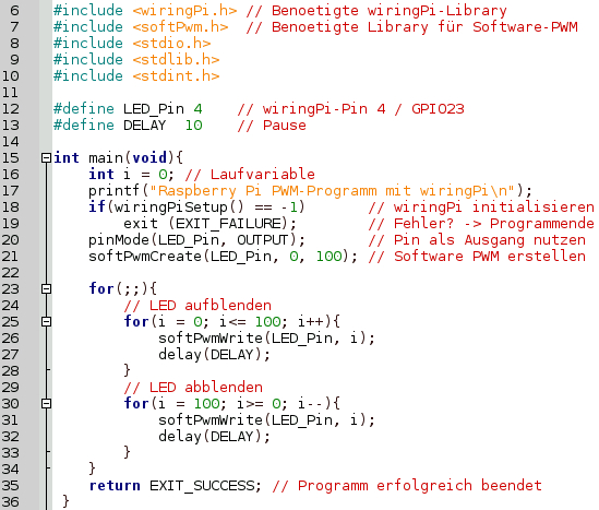 Das Programm in C zur PWM-Ansteuerung der LED (softwareseitig)