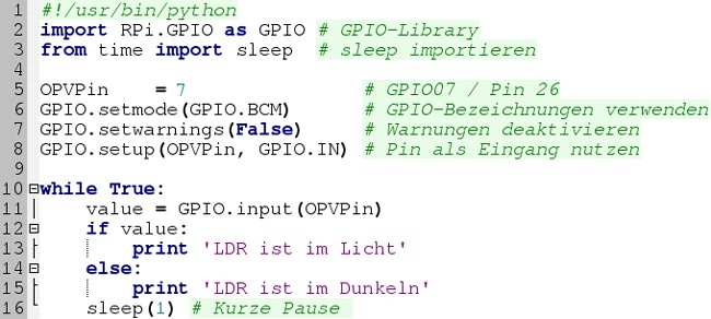 Das Python-Programm zum Abfragen des LDR-Status