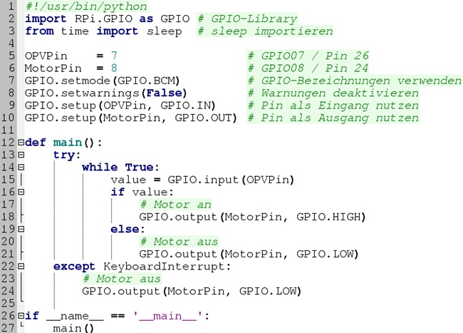 Das Python-Programm zum Abfragen des LDR-Status und zur Motoransteuerung