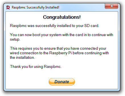 Der Raspbmc-Installer mit der abschließenden Erfolgsmeldung