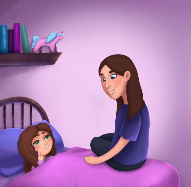 A person sitting on a purple bed

Description automatically generated