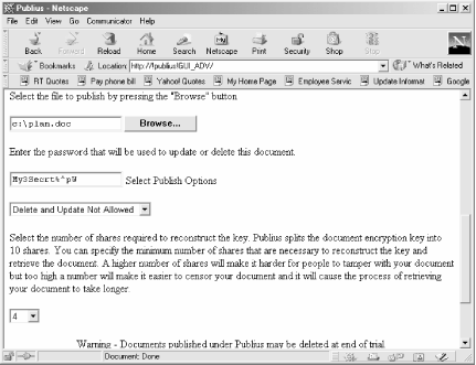 User interface for publishing a Publius document