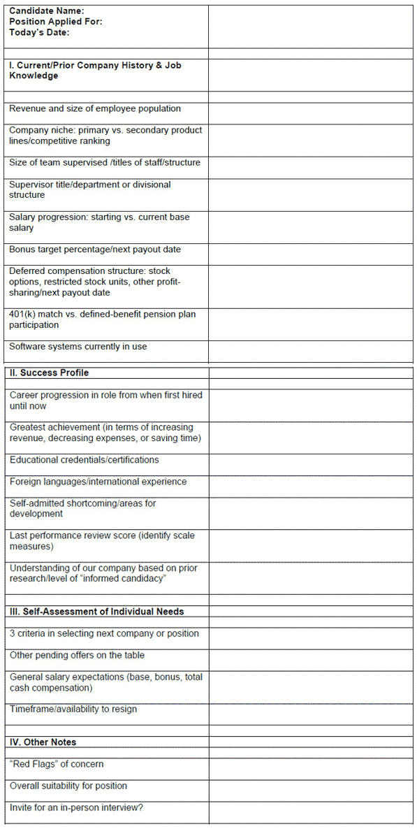 Employer Telephone Interview Screening Matrix