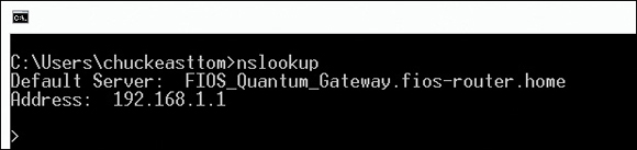 A command prompt window displays the usage of the command NSlookup. This command displays the name of the default server and its ip address.