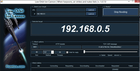 A screenshot displays Low Orbit Ion Cannon (LOIC), a DoS tool. The options available are select your target, selected target, attack options, and attack status. The selected target option displays: 192.168.0.5.