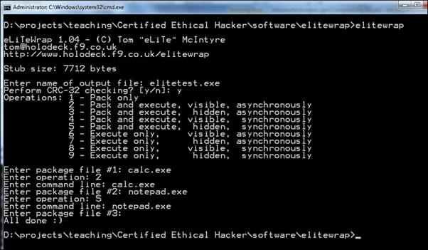 A command prompt window for eLiteWrap is shown. The window displays stub size, name of the output file, operations to be performed, and the details to be entered for package file, operation, and command line.