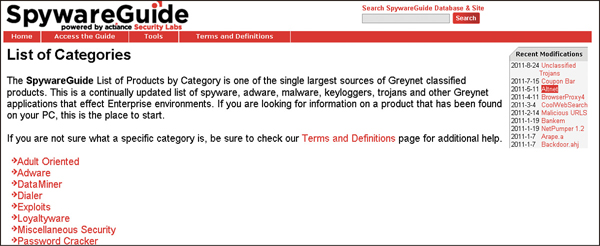 A screenshot of malware categories at the spywareguide website is shown. The list of categories mentioned in the window are: Adult oriented, adware, dataminer, dialer, exploits, loyaltyware, miscellaneous security, and password cracker.