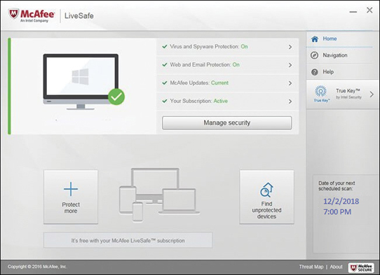 A screenshot displays McAfee antivirus software interface. The window displays the options and its mode are Virus and system protection (On), Web and email protection (On), McAfee updates (current); and Your subscription (active). Two other options like protect more and find unprotected devices are present at the bottom of the window.