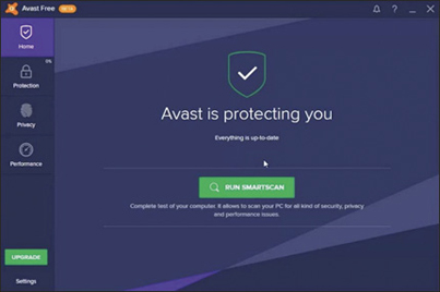 A screenshot displays Avast antivirus software interface. The window displays a text stating "Avast is protecting you" at the center. An option to run the smartscan is also present in the window.