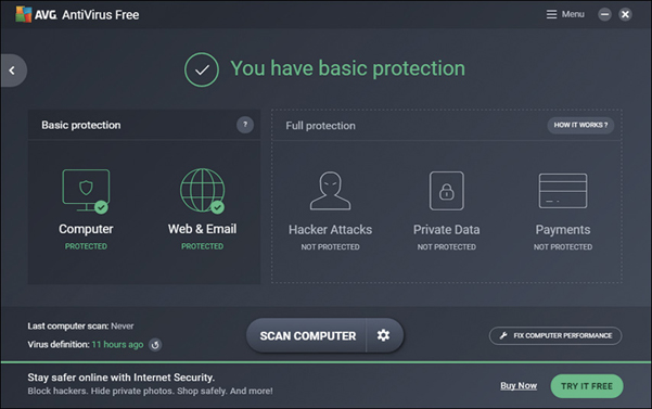 A screenshot displays AVG antivirus software interface. The basic protection mode consists of computer protected and web and email protected. The full protection mode consists of hacker attacks, private data, and payments in not protected mode. An option to scan the computer is also present.