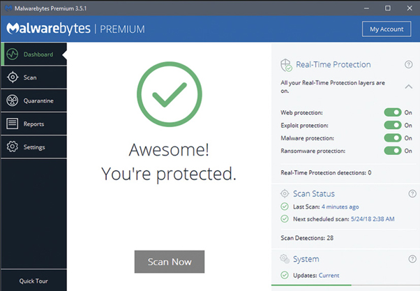 A screenshot displays Malwarebytes antivirus software interface. A tick mark is displayed for the message "Awesome! You're protected". The following options are kept enabled. Web protection, Exploit protection, Malware protection, and Ransomware protection. There is an option state "scan now" at the bottom center.