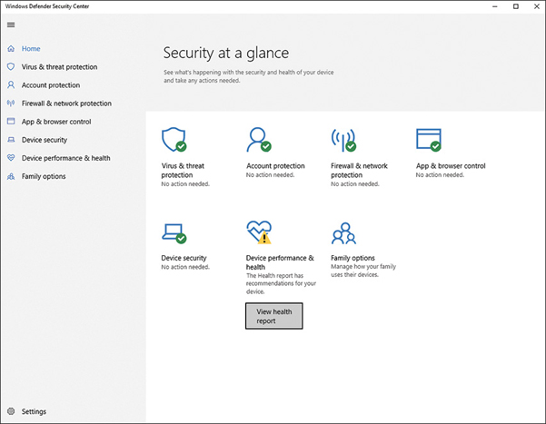 A screenshot of the main screen of windows defender is displayed.