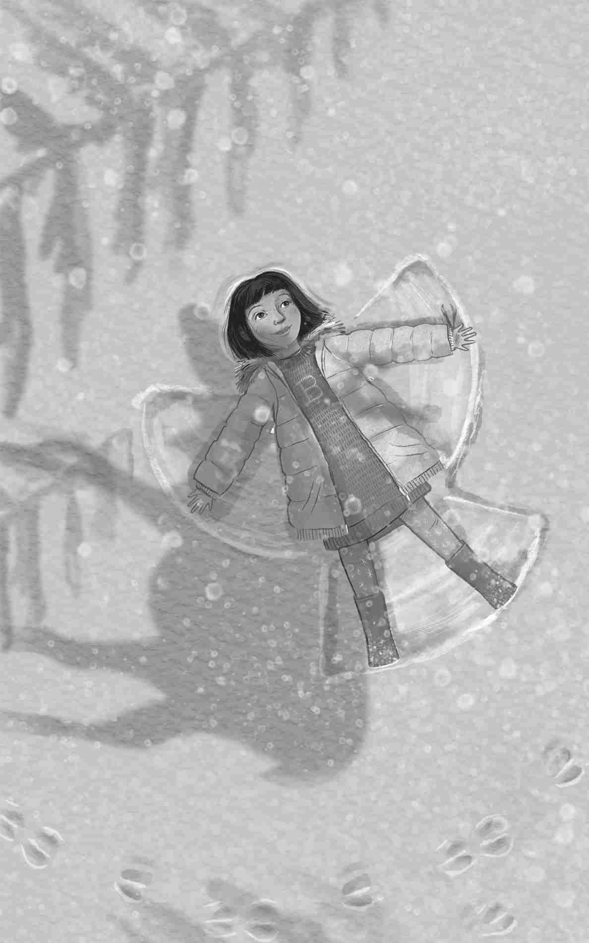 Bianca lies on the snowy ground, smiling as she spreads her arms and legs, creating a butterfly pattern in the snow.