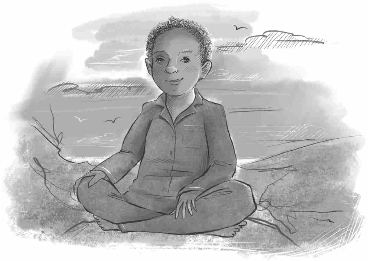 Casper, wearing pyjamas, sits cross-legged on a rock, smiling and gazing straight ahead.