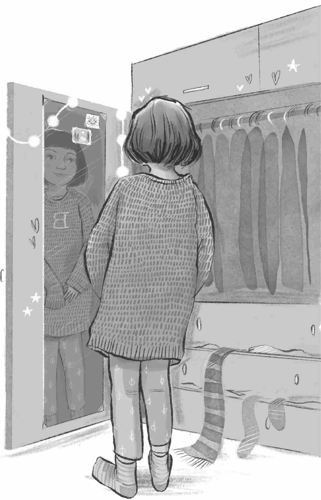 Bianca stands next to a wardrobe with a hanger rail, gazing at her own reflection in the front mirror.