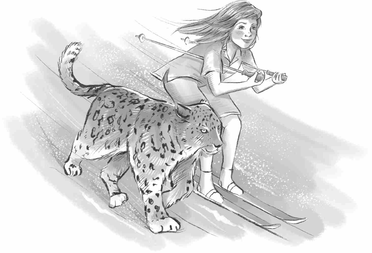 Sophie skis as her hair flies, accompanied by a bounding cat with leopard prints next to her.