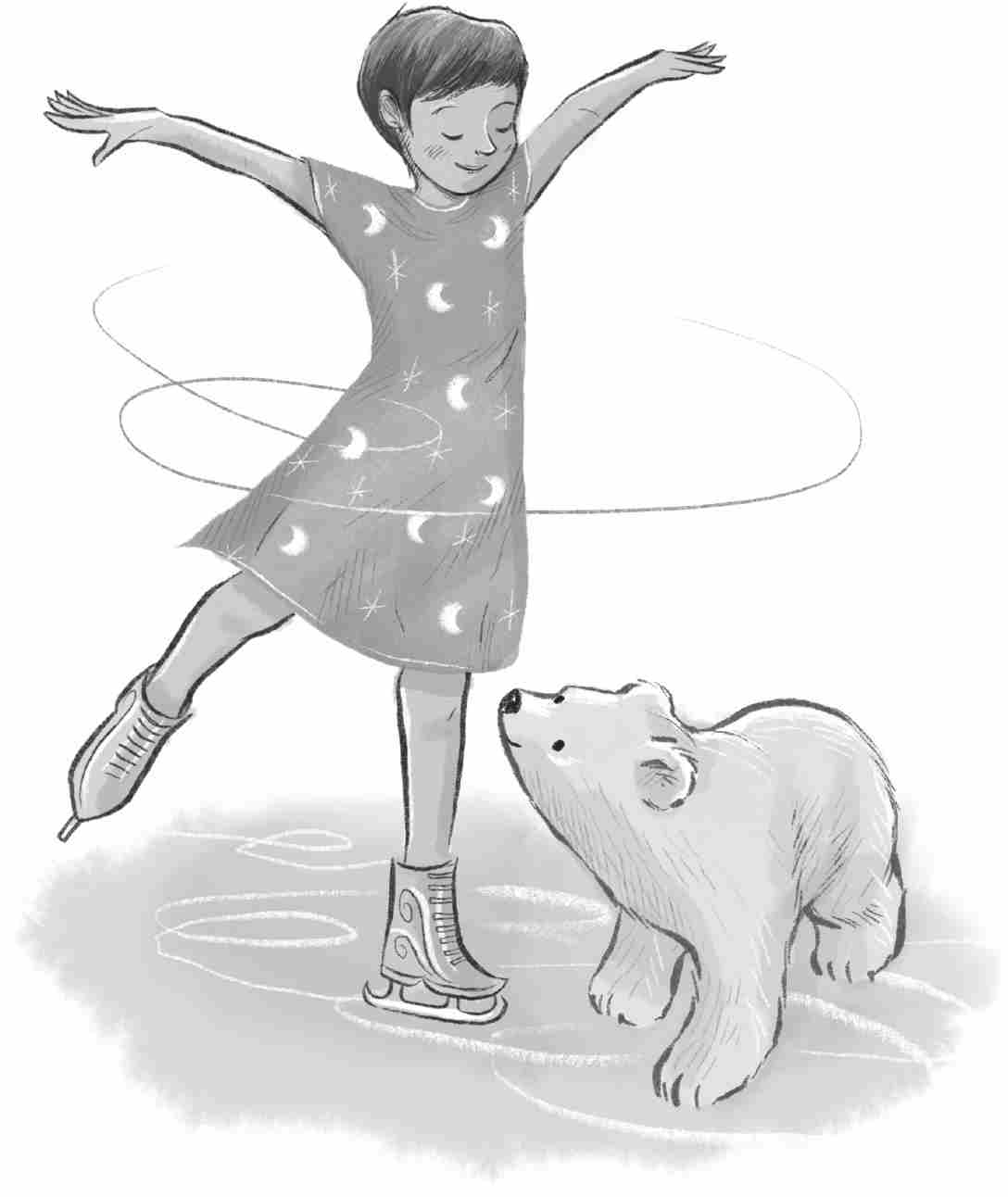 A short-haired girl swirls around on the icy, frozen floor, wearing her ice shoes. A polar bear stands next to her, looking at her.