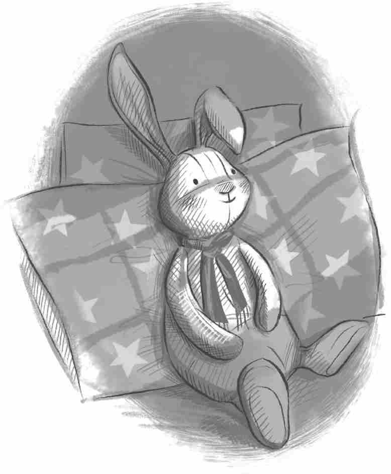 A stuffed toy rabbit with a scarf around its neck rests on a bed, leaning against a propped-up pillow.