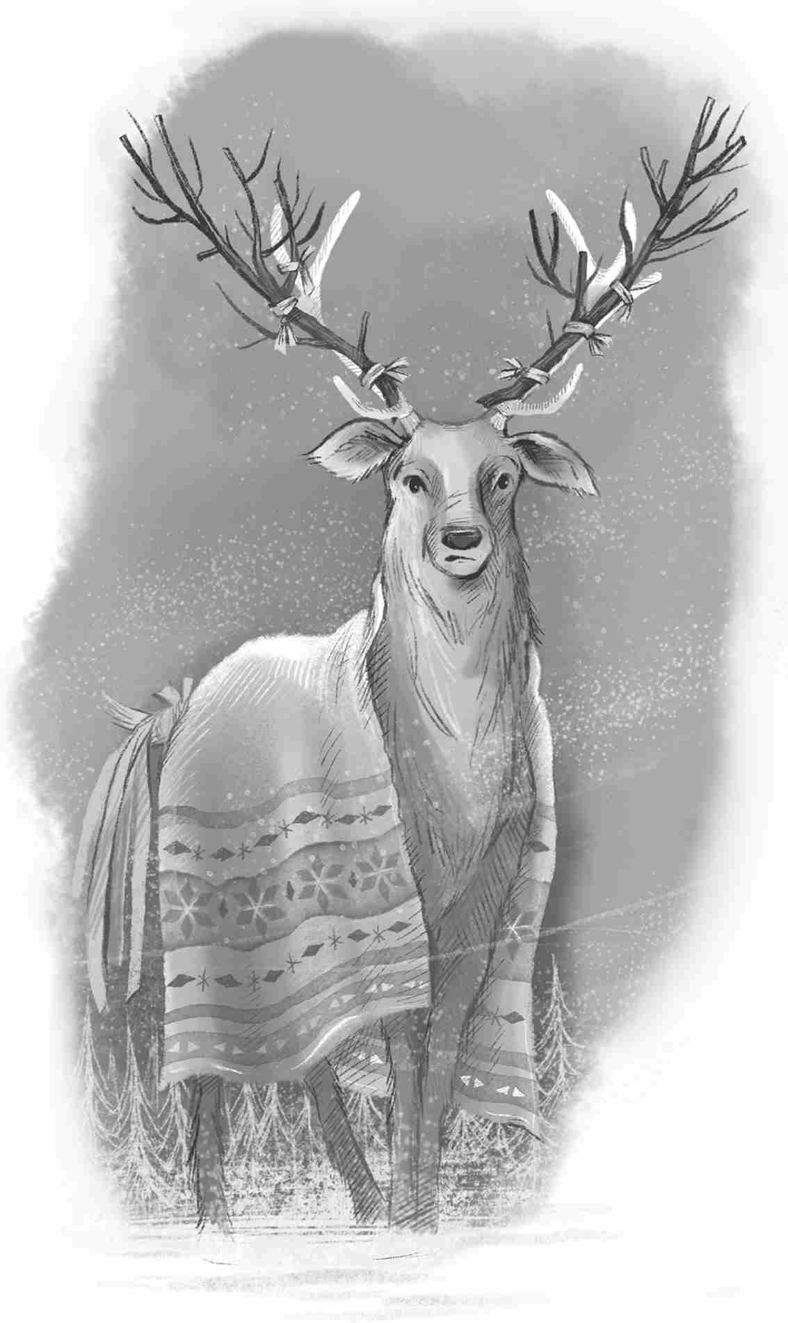 Pordis, with ribbons tied to its antlers and a blanket spread on her back, stands as icy wind blows across.