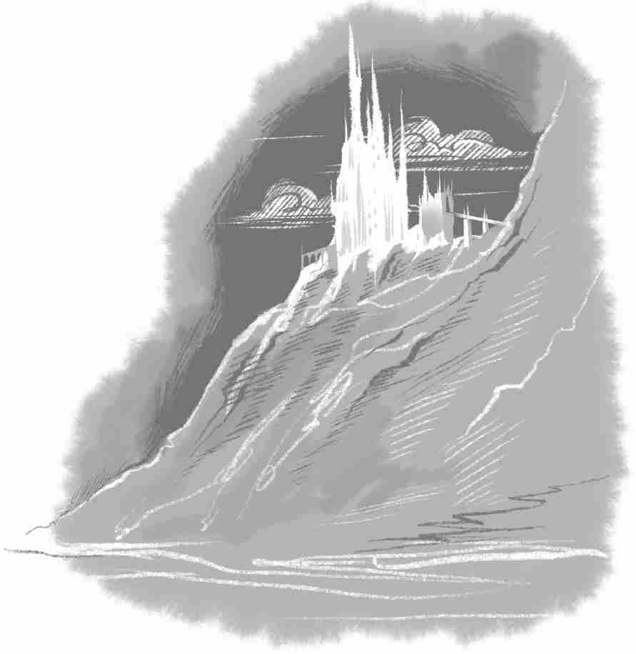 A long-shot view of an icy, glowing fortress topped with spiky structures on a hill.