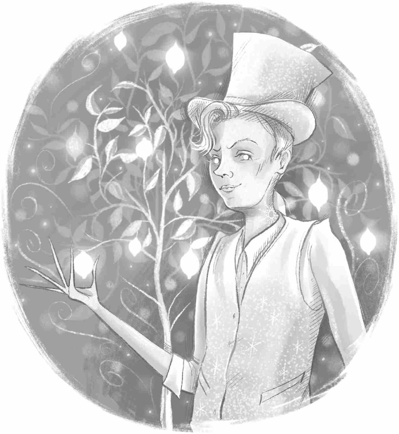 Jack, wearing a top hat, stands next to a plant, gesturing with his needle-like fingers as a few leaves on the plant glow.