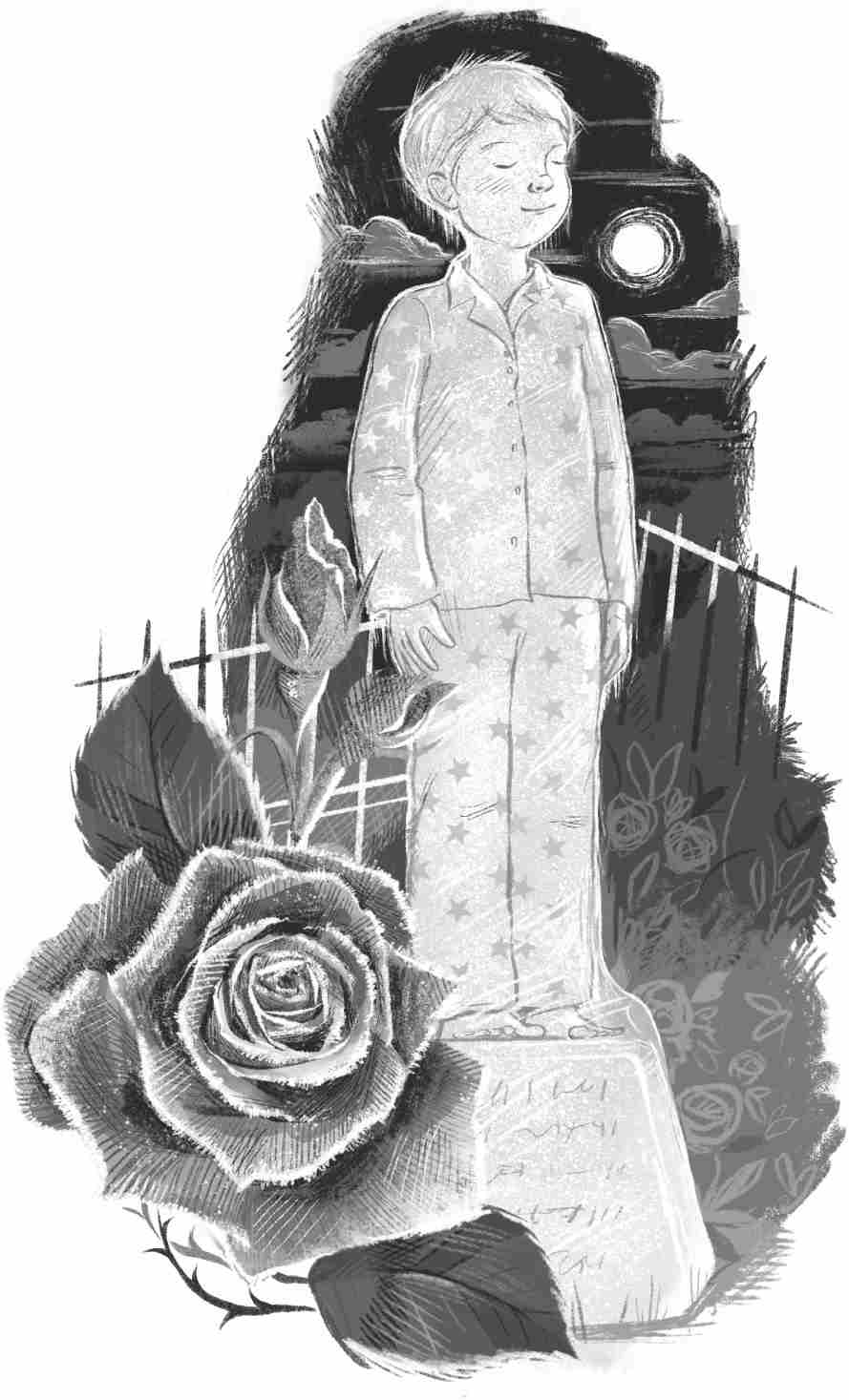 A boy in pyjamas stands with his eyes shut on an ice pedestal. A large rose is in the foreground, and a full moon is in the background against the dark sky.