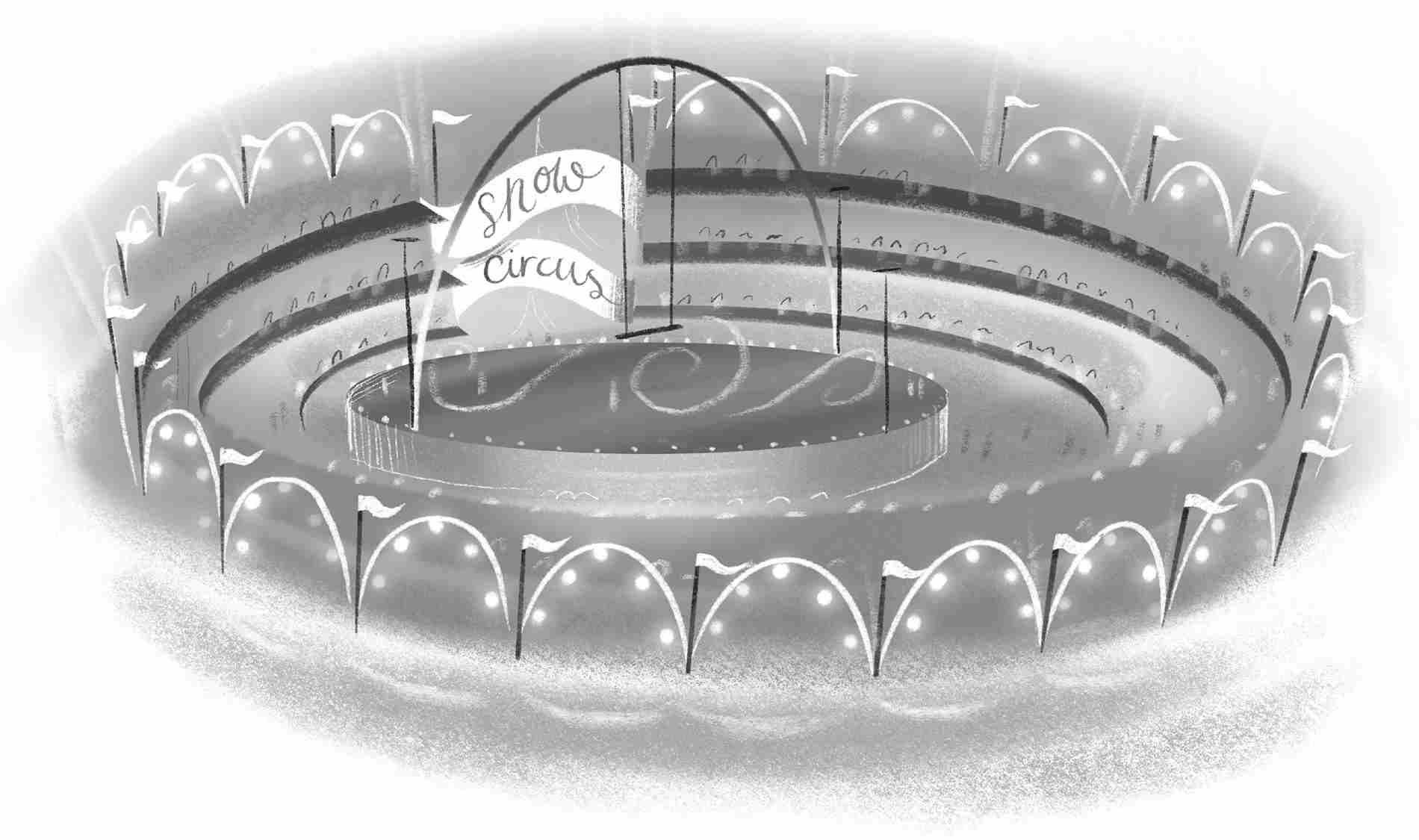 A top-down view shows a circular snow circus decorated with lights and flags lining its circumference.