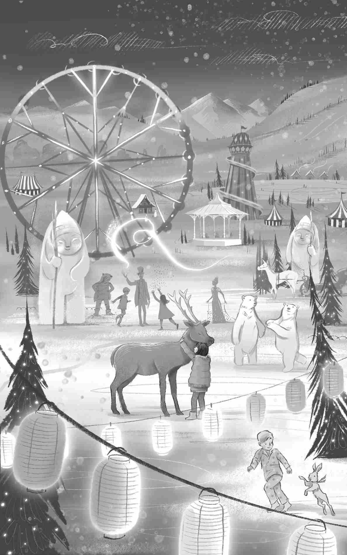 A long-shot view of a well-lit place shows Finn playing with the rabbit in the foreground and Bianca next to Pordis. Two polar bears stand nearby. Jack gestures with his hand as Pitter and Patter play around him, while Quilo and the Snow Queen watch. Two giant golems are present, and a bandstand is at a distance behind them.