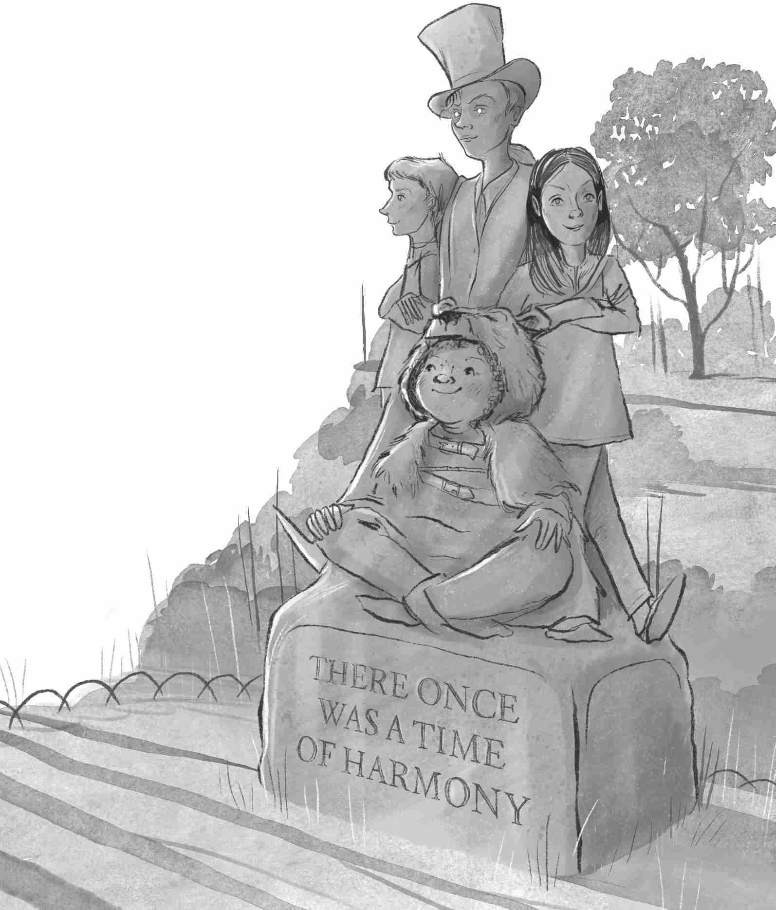 A standing statue of Jack in a top hat and glasses, flanked by Pitter and Patter and Quilo sitting cross-legged, all on a pedestal. It is engraved with the words there was a time of harmony.